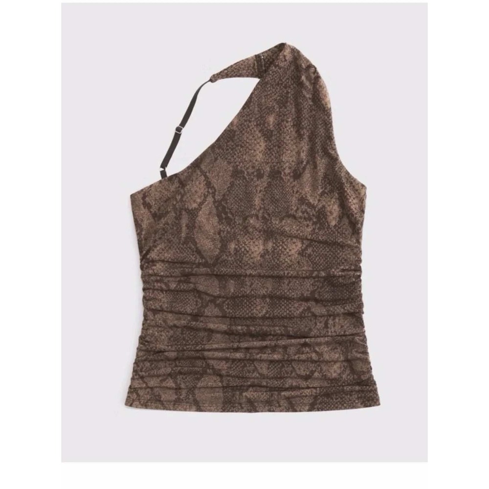 Abercrombie & Fitch One Shoulder Snake Print Tank Top Brown Medium Ruched Edgy